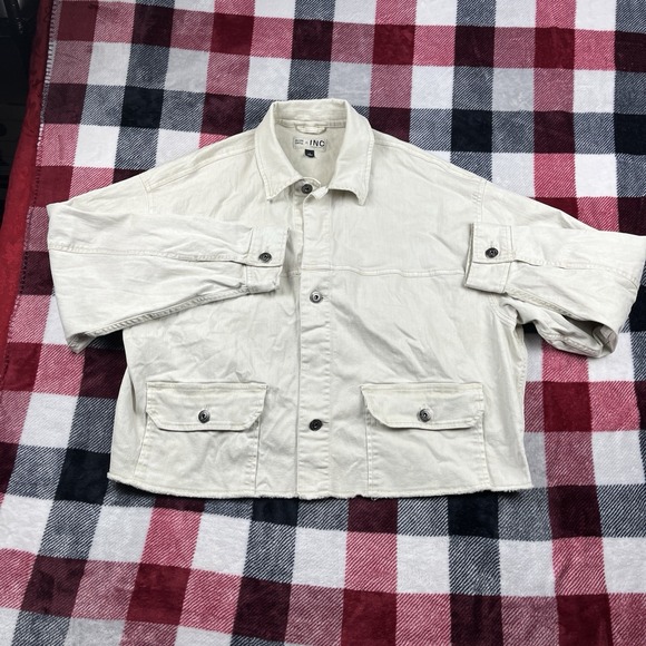 Allen Onyia Denim Jacket Mens Large Cream Trucker Casual Grunge Jean Rivet - Picture 2 of 11